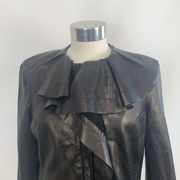Diane Von Furstenberg black leather with pleated collar jacket - Picture 2 of 12